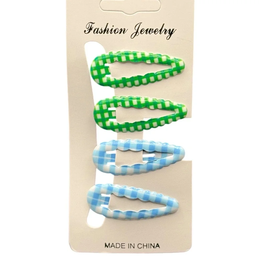 4pc Kids Gingham Checkered Snap Hair Clips Green Blue Plaid Barrettes Set